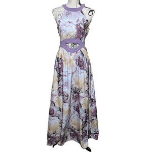 NEW Three Bird Nest Purple Floral Halter Cutout Maxi Dress Size M Romantic Rose